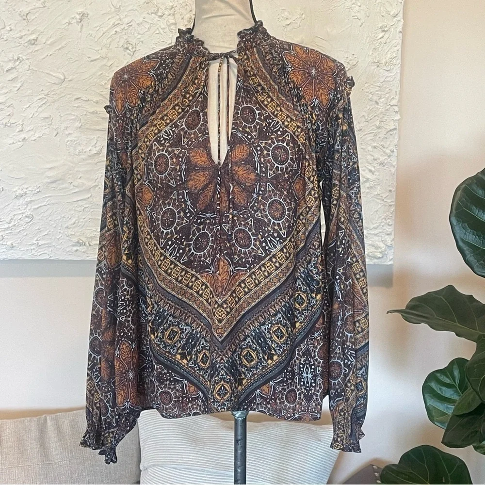 Free People Little Runaway Blouse Long Sleeve Ruffle Collar V-neck Boho Size